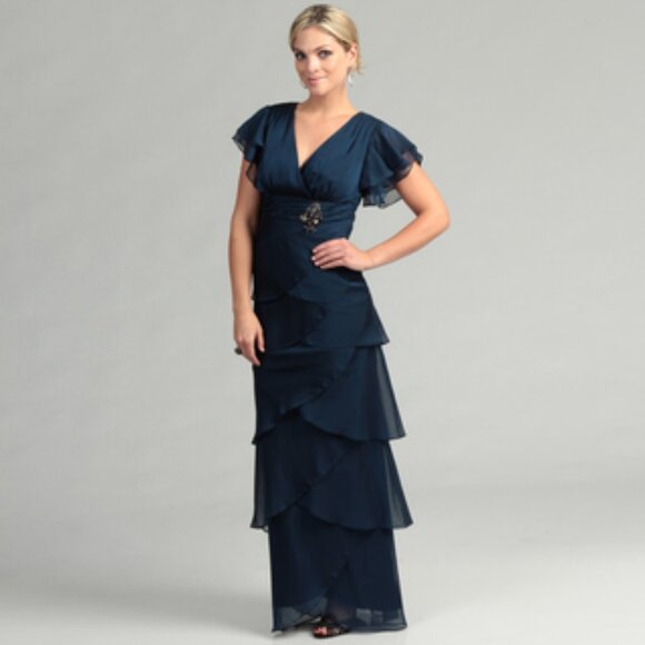 Adrianna Papell Dresses & Skirts - Adrianna Papell Navy Flutter Sleeve Tier Gown - Size 6